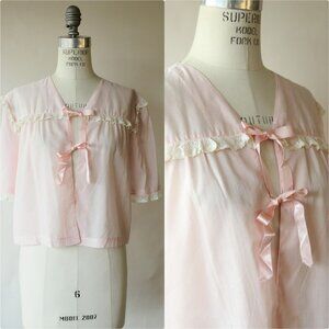 Vintage 1940s 1950s Bed Jacket, Pale Pink Pinstripes with Pink Lace Trim Robe